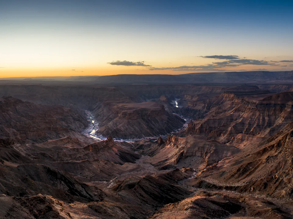 Aerial view of a deep canyon system at sunset, Namibia